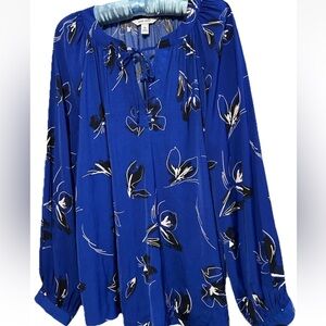 Nine West Top XL Blue Black Floral Print Silky Long Sleeve Popover Shirt Blouse